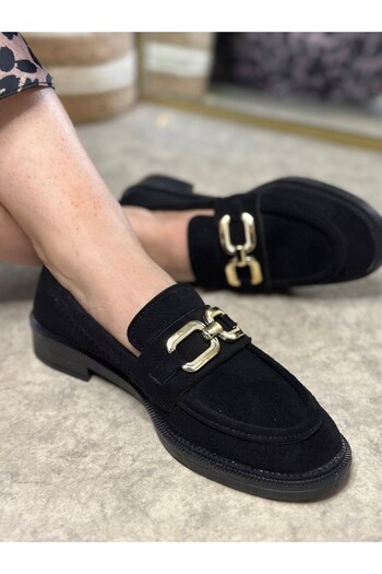İmerShoes Women's Black Suede Loafer - Classic Patterned, Buckle, Oval Toe Moccasin 120