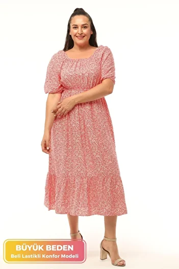 tarzımsüper 4 Seasons Comfort Model - Plus Size Floral Print Dress with Elastic Waist and Balloon Sleeve Detail