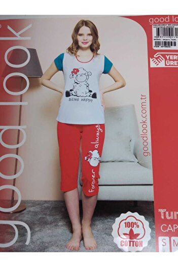 VİENETTA Red Lamb Patterned Crew Neck Short Sleeve Women's Pajamas Set