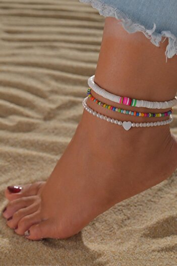 New Obsessions 3-Piece Fimo Beaded Heart Marine Anklet Set
