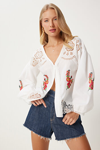 Happiness İstanbul Ecru Women's Shirt - Openwork Embroidery Embroidered, Woven Qs00004