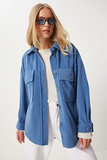 Happiness İstanbul Indigo Blue Stamped Women's Shirt Jacket - with Pockets Nv00071