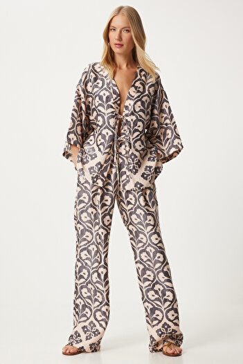 Happiness İstanbul Viscose Laced Gray Cream PatternedPalazzoBlouse Set - Fn03278