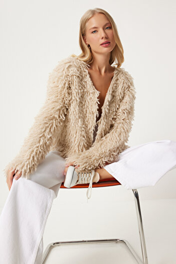 Happiness İstanbul Cream Colored Women's Knitwear Jacket - Fringed YY00220