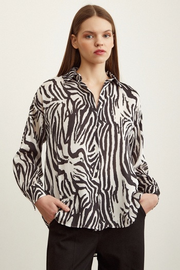 Never more Zebra Pattern V-Neck Satin Shirt