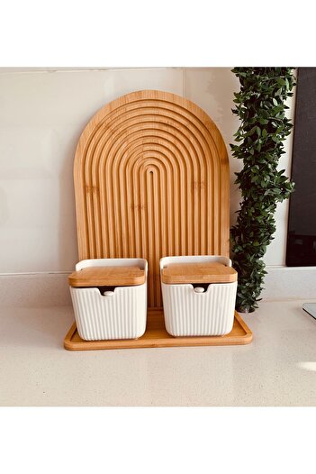morponi Bamboo Lid Porcelain Spoon 2-Piece Salt Shaker Pepper Shaker with Bamboo Stand 300 Ml(Cmr)