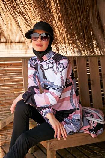 Marina Chain Patterned Black Full Covered Hijab Swimsuit M2315-1