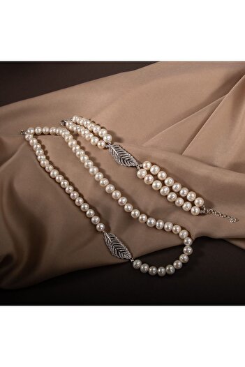 OSMANLI DOĞAL TAŞ Pearl Natural Stone Silver Leaf Model Jewelry Set