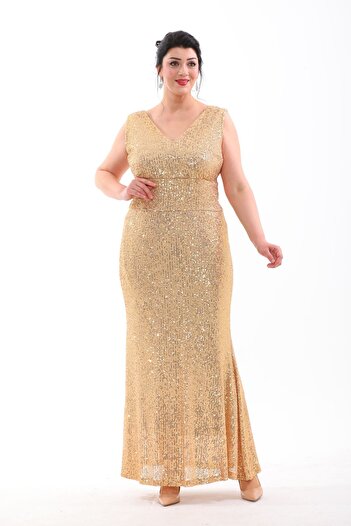 IŞILTI Plus Size Stretchy Sequined Fish Back Low-cut Evening Dress - 3098