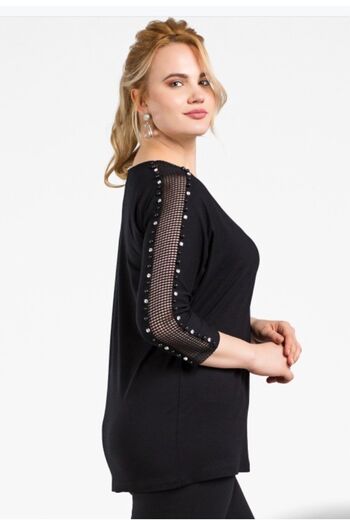 Nelly Plus Size Shoulder Mesh, Pearl and Stone Embroidered Black Blouse