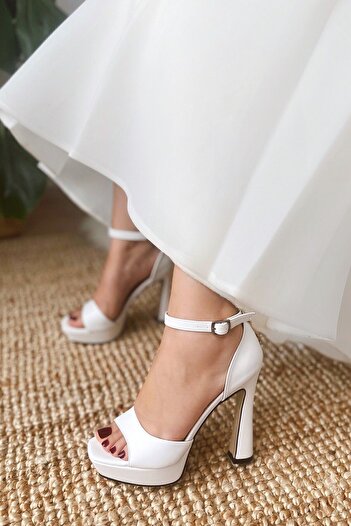 POLKA STORE Women's Bride Bridal Wedding Shoes Matte Leather Platform Single Strap Open Toe High Heeled Shoes