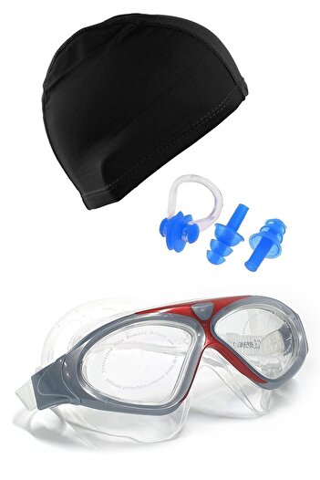 Tosima Waterproof Vacuum Swimming Goggles and Lycra Bonnet Earplug Nose Clip Set Full Pool Set