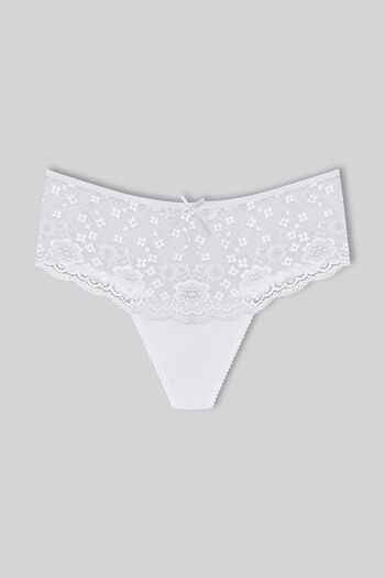 HNX White Cotton Lace Front High Waist Large Size Thong Women's Panties