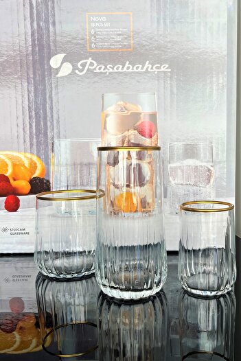 DECOSTYLE Paşabahçe Nova 96961  Mat Gold İşlemeli 18 Parça Su-Meşrubat-Kahve Yanı Bardak Takımı