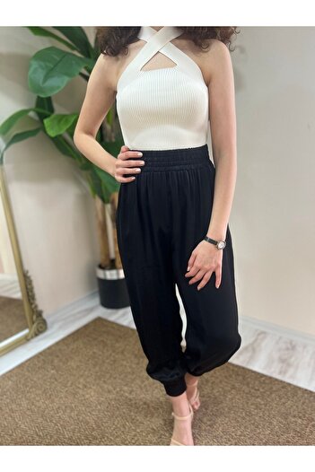 OlaFre Cross Collar Detailed Strappy Blouse