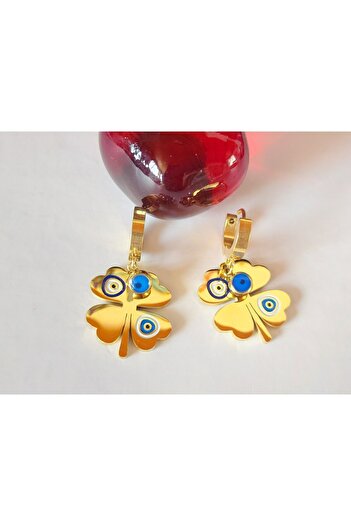 Anatolia Evil Eye Bead Detailed Number Section Steel Clover Earrings