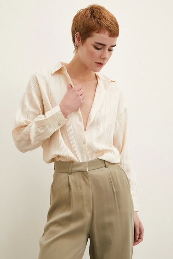 Never more Textured Striped Shirt Beige