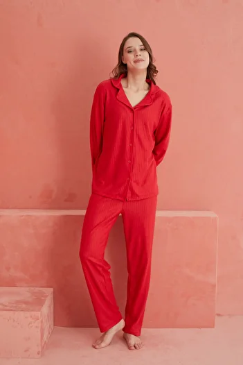ELİTOL Red Long Sleeve Knitted Pajama Set - Buttoned Front