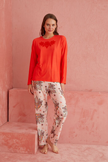 ELİTOL Orange Printed Shawl Patterned Long Sleeve Knitted Pajamas Set