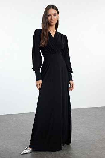 Trendyol Collection Μαύρο ίσιο μάξι διπλό στήθος με λεπτομέρεια σε γραμμή Α/καμπάνα πλεκτό φόρεμα με μανίκια αγγέλου TWOAW25EL00098