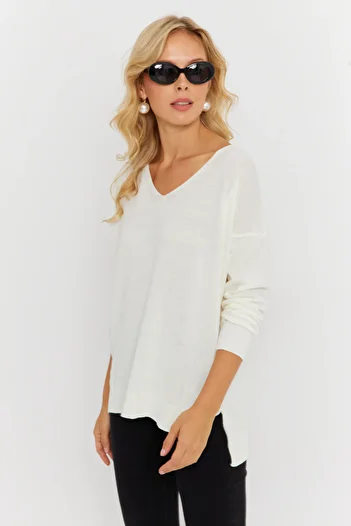 Cool & Sexy Ecru V-neck Knitwear Women's Sweater - YiL549