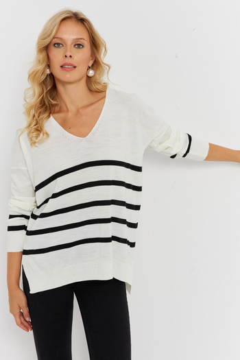 Cool & Sexy Ecru V-neck Striped Women's Knitwear Sweater - Yi̇L550