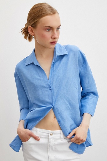 Never more Blue Linen Poor Sleeve Shirt