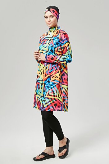 FİT1BEDEN Full Covered Water Repellent Fast Drying Hijab Swimsuit Suit Patterned Large Size