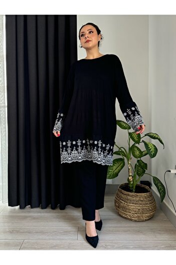 LİKRA Large Size Flexible Viscose Tunic - Scallop Detailed Sleeves
