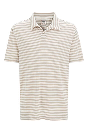 Guess Allover-Streifenmuster aus Leinenmix ile Regular Fit Polo Kurzarm-Poloshirt EMBRO ŞERİT