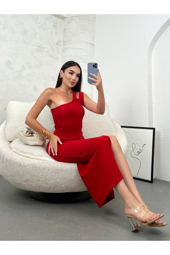 modavingo One Shoulder Red Strap Slit Ottoman Dress