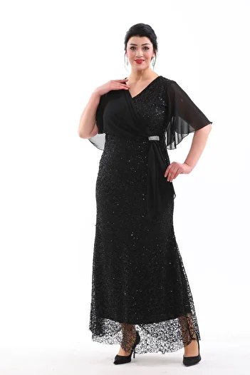 IŞILTI Balik Model Short Sleeve Chiffon Detailed Plus Size Evening Dress - 3099
