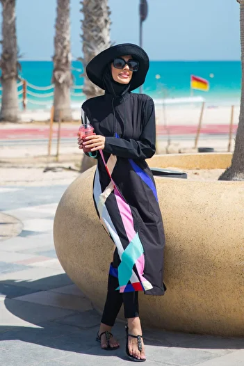 Marina Parachute Geometric Black Fully Covered Hijab Swimsuit M2310