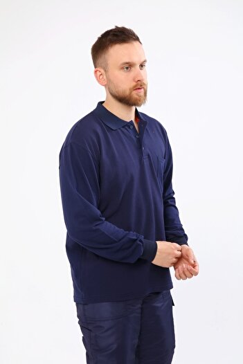 Çamdalı İş Elbiseleri Polo Neck Navy Blue Long Sleeve Sweatshirt Pique Knitted Business Sweatshirt