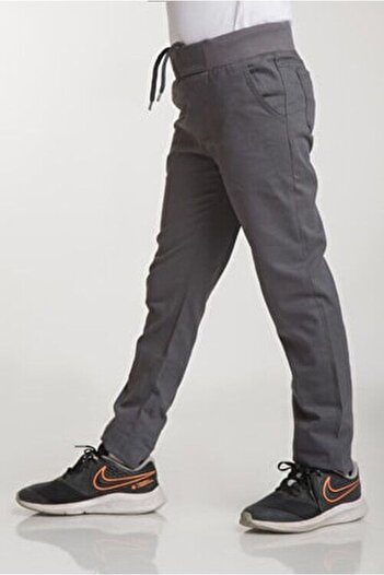 OKULCA Gray Ribbed Waist Lycra Canvas School Trousers