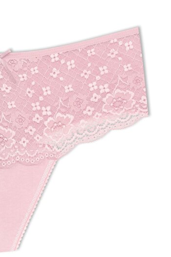 HNX Pembe Pamuklu Ön Dantel Yüksek Bel Büyük Beden Tanga Kadın Külot