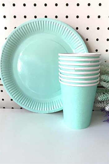 Partifabrik Yeşil Makaron Pastel Karton Tabak Bardak Set 8 Li