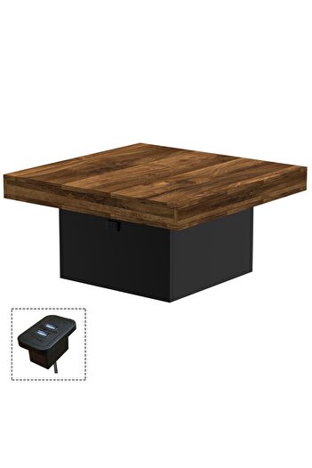 Mahmayi Modern Coffee Table with USB Port - Dark Oak and Black - For Living Room/Office