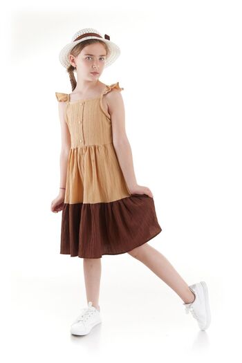 AHENGİM Girl's Summer Dress with Buttons and Hat Ak2516