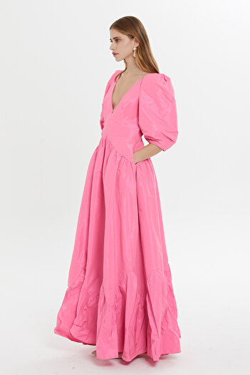 GİZİA Pink Long Dress - V-neck, Deep Chest and Back Low-cut, Lined