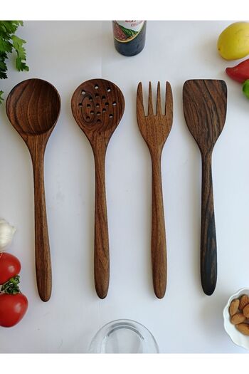 AYSAN Wooden Spoon Walnut Wood 4-Piece Spoon Fork Colander Spatula Set
