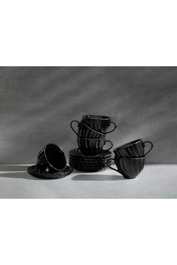 Nehir Jasmine Black Porcelain Coffee Cup Set - 12 Pieces