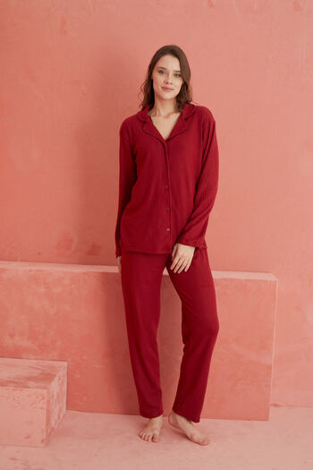 ELİTOL Claret Red Knitted Pajama Set - Long Sleeve, Buttoned Front