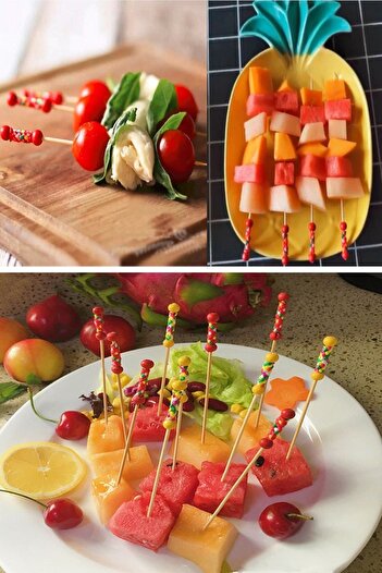 RoseRoi Bamboo Food Toothpick Fruit Sofa Fork Sticks Cocktail Party Stick 10 Pieces