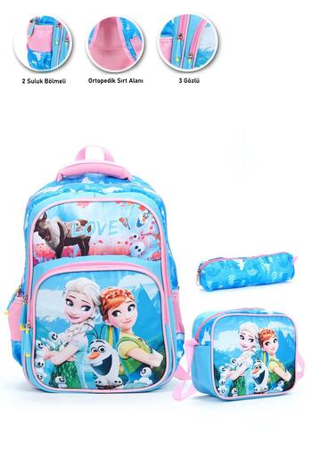 Mashotrend Mavi Love Elsa Anna Okul Çantası + Beslenme + Kalemlik + Frozen Sırt Çantası Atcık Çanta