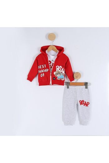 sally baby 2-thread Seasonal 3-Piece Set, Bear Pattern, Text, Zipper, Hooded, Bottoming Top Set, Tracksuit Set