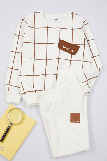 TRENDYOLKIDS Boy's Seasonal Ecru Color Blocked Crew Neck Suit - Tkdaw25au00078
