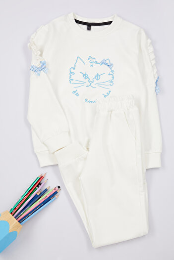 TRENDYOLKIDS Girl's Ecru*001 Cat Patterned Pajama Set - Knitted Bottom-top Set Tkdaw25au00077