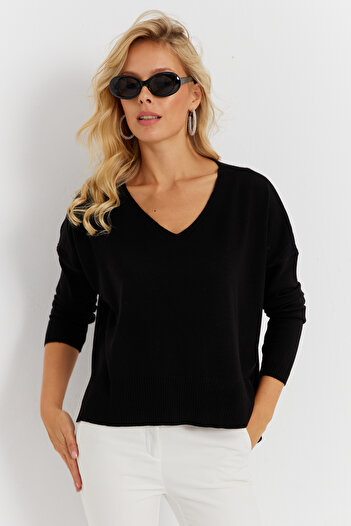 Cool & Sexy Pulover negru din tricotaje - damă, față scurtă, YİL551