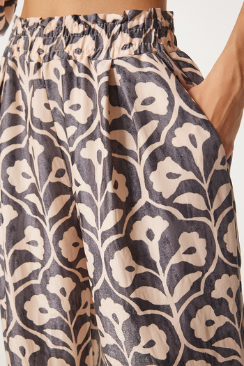 Happiness İstanbul Viscose Laced Gray Cream PatternedPalazzoBlouse Set - Fn03278